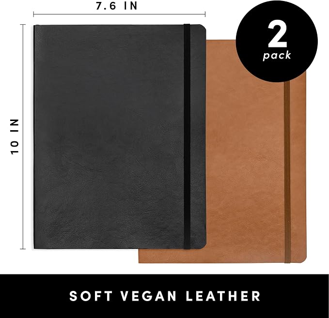 PAPERAGE 2-Pack Softcover Lined Journal Notebook (Black & Cognac), 176 Pages, Large B5 College Ruled Notebook, 7.6 inches x 10 inches - 100 GSM Thick Premium Paper, Leather Journal for Home, Work & School
