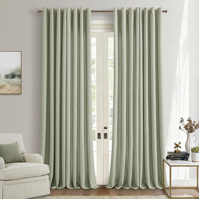 Light Green Linen Curtains 108 Inches Long Bronze Grommet Semi Sheer Sage Drapes for Living Room Light Filtering Neutral Boho Privacy Floor to Ceiling 108 Inch Curtains 2 Panel Set For Large Window