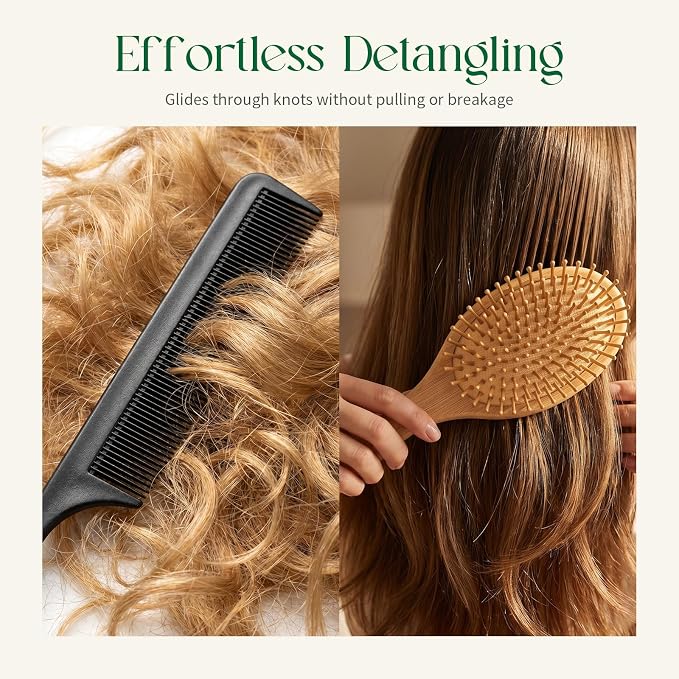 Bamboo Hair Brush - Natural Wooden Paddle Brush for Women & Men, Rounded Bamboo Bristles for Scalp Massage & Detangling, Gentle Hairbrush for All Hair Types