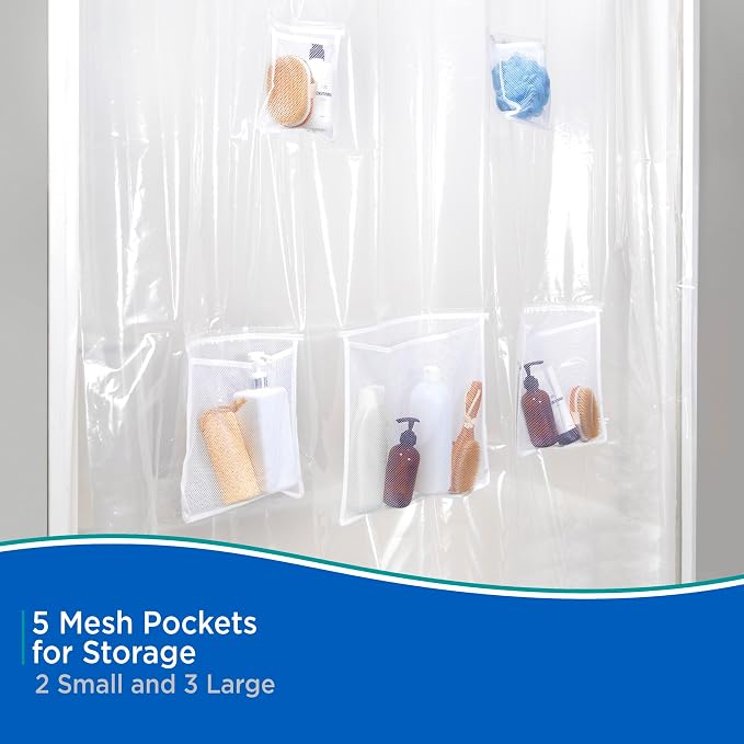 Kenney KN61447 Medium Weight 5 Gauge Waterproof PEVA Shower Curtain Liner with 5 Mesh Storage Pockets and Rust-Resistant Metal Grommets for Bathroom, 70" W x 72" H, Clear