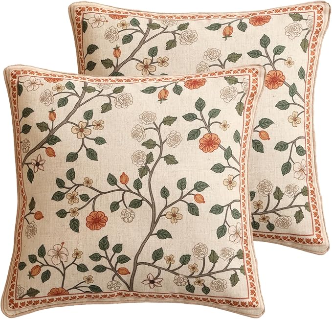 ISAENNE Design Linen Classic Throw Pillow Covers 18"x18" Pack of 2, French Farmhouse Square Cushion Covers with Orange White Floral Pattern Decoration Pillowcases for Bed,Living Room,Outdoor,Car