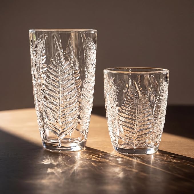 Vintage Drinking Glasses Set of 4, 10 oz Hand-Pressed Clear Glass Cups, Fern Embossed Retro Glassware, Textured Tumblers for Water, Cocktails & Juice, Decorative Kitchen Drinkware, Unique Boho Gift