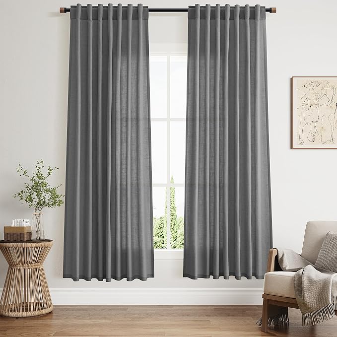 Blazer Grey Linen Curtains 72 Inch Long for Living Room Bedroom Lightweight Door Drapes 2 Panels Set, Semi Sheer Light Filtering Back Tab or Rod Pocket Curtain,52x72