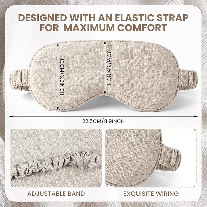 2 Pcs Pure Linen Sleep Mask with Matching Pouch Organic Cotton No Pressure Eye Cover Blackout Breathable Eye Mask with Strap for Side Sleeping Napping Business Trip Gift (Linen)