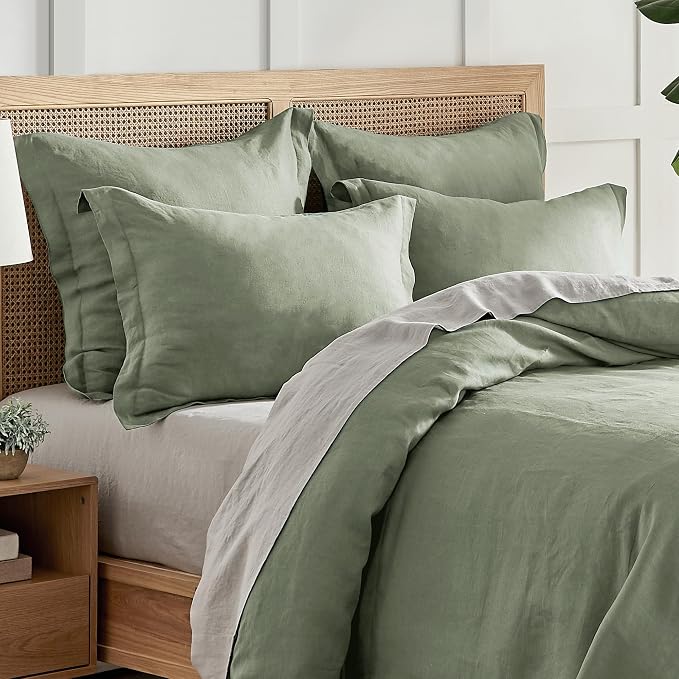 Levtex Home - 100% French Flax Linen - King Duvet Cover - French Flax Washed Linen - Sage Green - Duvet Cover Size (106x94in.)