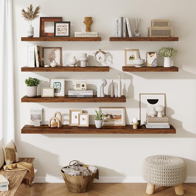Fun Memories 24 Inch Floating Shelves Wall-Mounted, 10 Inch Deep Wall Shelves, 24 x 10 Floating Shelf for Living Room Bathroom Bedroom, Rustic Brown, Set of 2