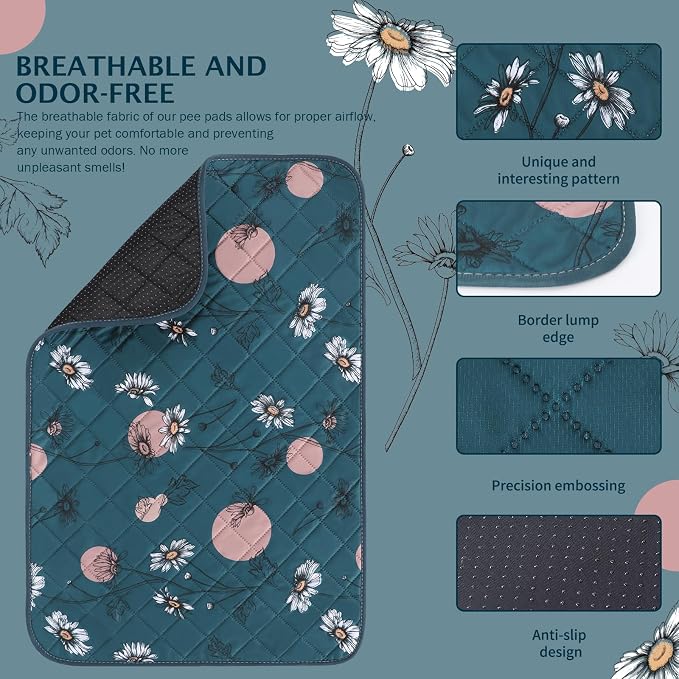 IEUUMLER Washable Pee Pads for Dogs, 2 Pack Non-Slip & Waterproof Pack Whelping Pad, Reusable Washable Puppy Potty Training Pad with Fast Absorbent for Playpen EU007 (Navy Blue Daisy, 36"X48"-2pcs)