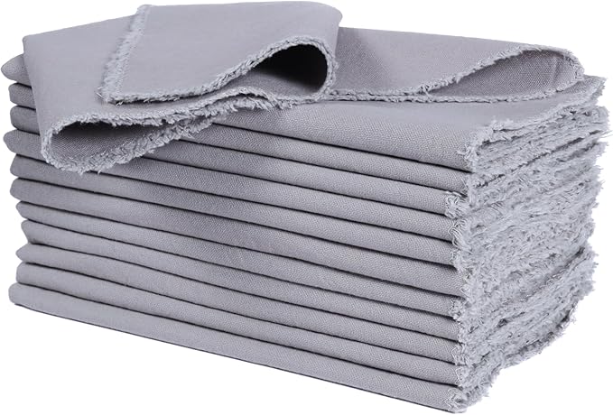 Ramanta Home Cloth Napkins Set of 12 Grey 18x18 Inch - Spring Soft & Durable Frayed Dinner Napkin for Easter Wedding, Birthday Parties | Heavy Weight Fabric Table Linen for Everyday Use Family Dinners