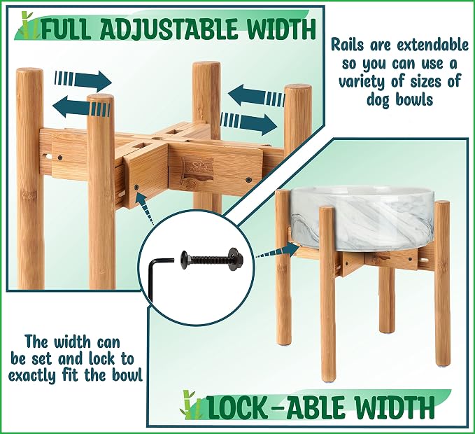 Dog Bowl Stand - Mid-Large Dogs Suitable - Elevate, Raise Bowl to 12-inch High - Adjustable, Fits Any Pet Food/Water Feeders, and Fountains - Durable Bamboo