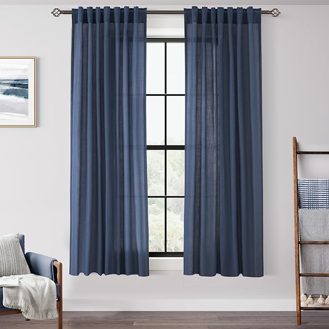 Navy Blue Curtains 63 Inch Length for Bedroom Back Tab Light Filtering Semi Sheer Living Room Curtains Linen Cotton Textured Indigo Drapery Panel Modern Farmhouse Aesthetic Decor