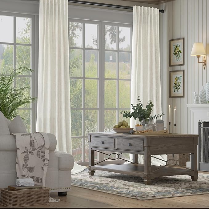 Semi Sheer Linen Curtains 110 Inches Long 2 Panels Set Cream Ivory Living Room Ceiling to Floor Curtains Modern Farmhouse Natural Light Filtering Extra Long Drapes for Large Window 52 x 110 Inch