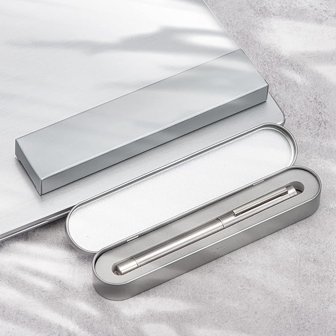 HONG DIAN Forest Pro Silver Stainless Steel Fountain Pen, Medium Nib Classic Design Smooth Writing Pen with Ink Refill Converter and Metal Pen Box Set