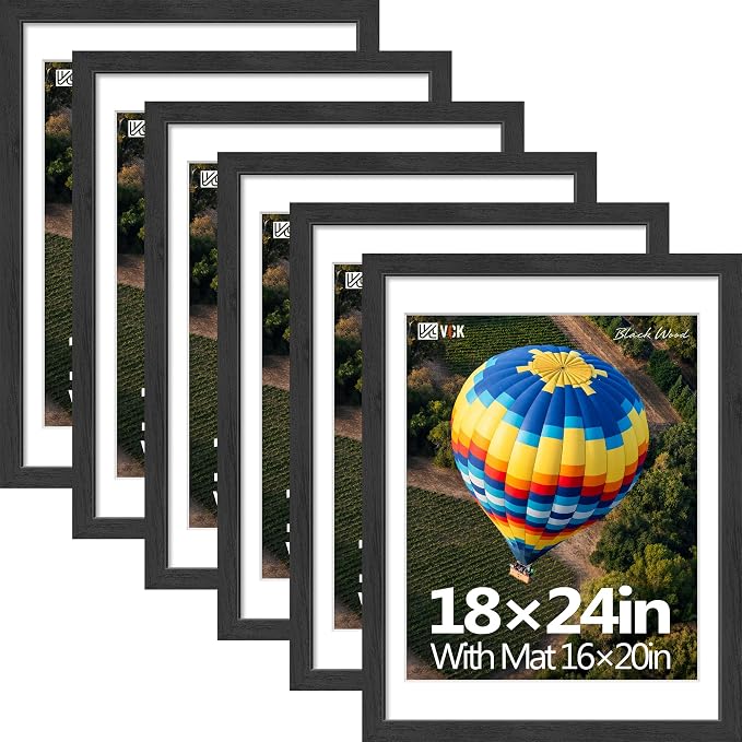 VCK 18x24 Poster Frames Black - 6 Pack, Wide Border Solid Wood, Display 16x20 Picture Photo with Mat or 18 x 24 without, for Home, Office, Gallery, Woodgrain Series, Wall Hanging
