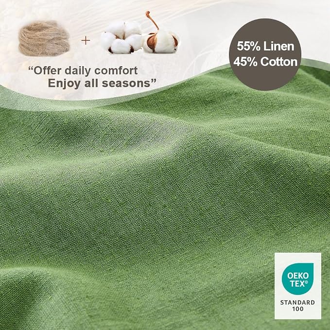 Simple&Opulence French Linen Duvet Cover Set 68" x 86"- 2 Pieces (1 Comforter Cover,1 Pillowcase)- Natural Flax Cotton Blend-Solid Color Breathable Farmhouse Bedding- Khaki Green, Twin