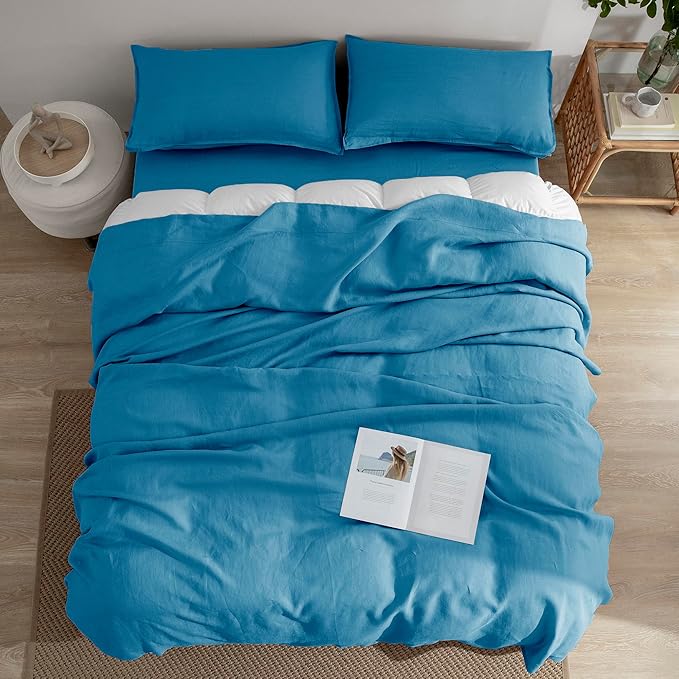 EVERLY Linen Sheets Set Full Size,100% French Stonewash Pure Linen Bed Sheets Set,4Pieces (1Flat Sheet,1Fitted Sheet,2Pillowcase) Suitable for Hot Sleepers,Deep Pocket Natural Bedding Set-Blue