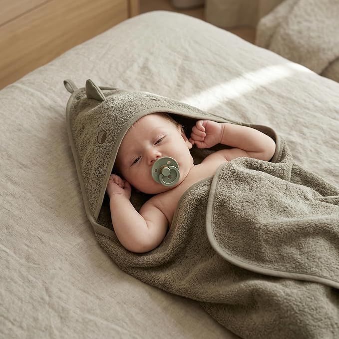 Hooded Baby Towel – 100% Organic Cotton Baby Bath Towels – Baby Boy Newborn Essentials - Super-Soft and Absorbent. (Dino - Green Moss)