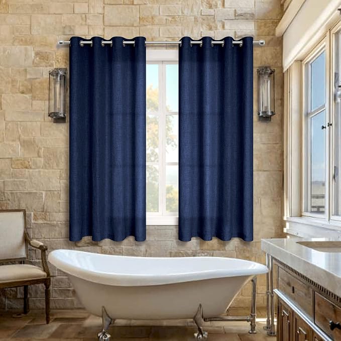 Pitalk Navy Blue Curtains 54 Inch Length for Bedroom 2 Panels Set Small Window Light Fitering Linen Semi Sheer Privavy Curtains for Bathroom Window Kitchen