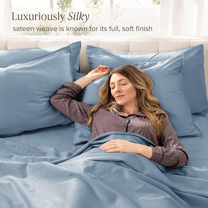 Bare Home 100% Organic Cotton Twin Extra Long Sheet Set - 400 Thread Count - Smooth Sateen Weave - Breathable & Cooling - Hotel Luxury Set - Deep Pocket Bed Sheets (Twin XL, Dusty Blue)