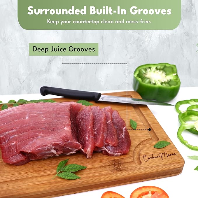Bamboo Cutting Board Set of 3 for Kitchen – Wooden Chopping Boards with Juice Grooves & Built-In Handles, Durable Food-Safe Bamboo Boards for Meat, Vegetables & Fruits