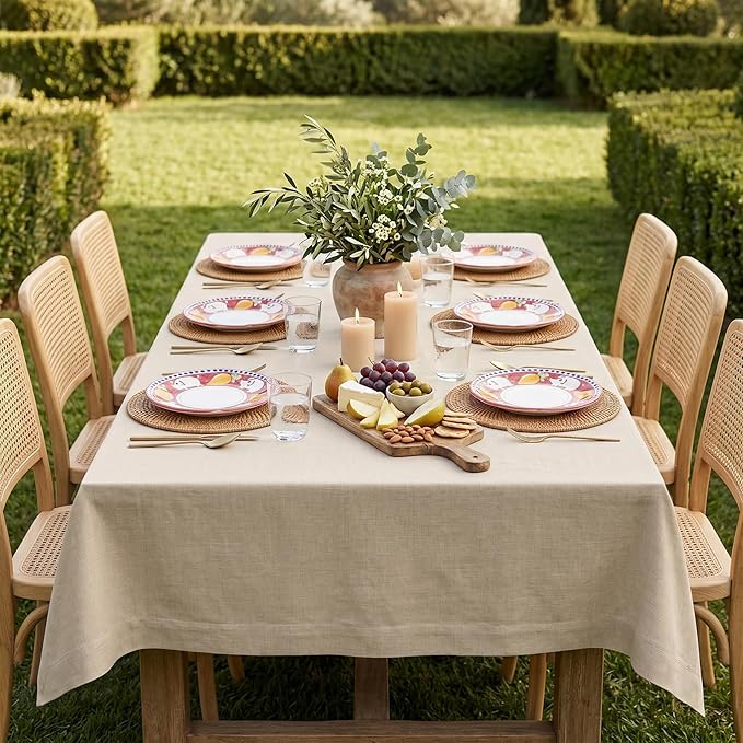 Solino Home Linen Natural Tablecloth 60 x 132 Inch - 100% Pure Linen Rectangular Tablecloth - Machine Washable Table Cloth for Summer - Fete