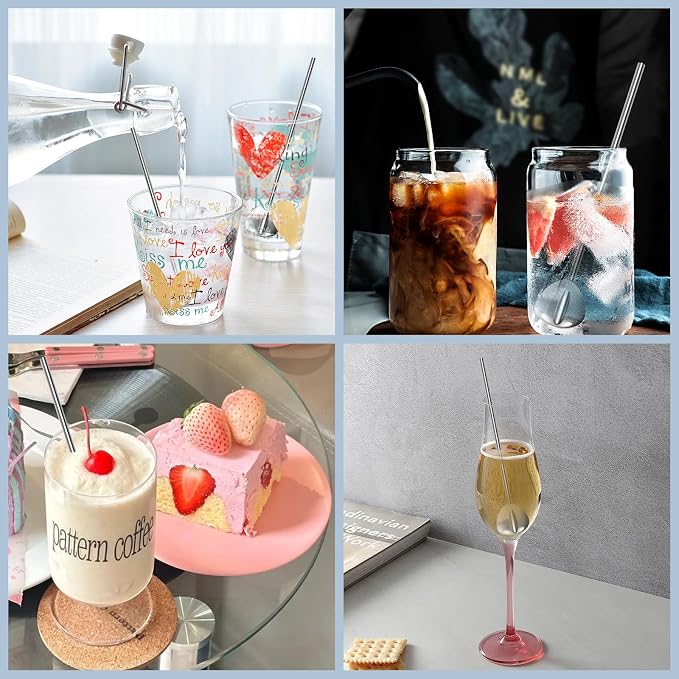 7.5 in Metal Spoon Straws, 6 Pcs Stainless Steel Spoon Straws Reusable, 2 in 1 Drinking Straw and Spoon, Straight Metal Straw with 2 Cleaning Brushes for Tea Coffee Milkshake Cocktail(Silver)