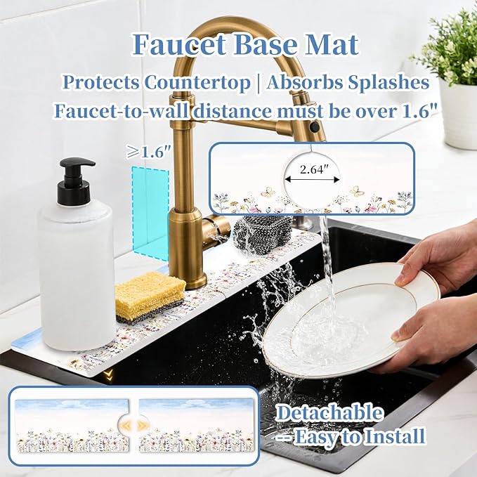 3 PCS Stone Dish Drying Mat for Kitchen Counter, Quick Dry Foldable Stone Dishes Mats, Water Absorbing Diatomaceous Earth Drying Organizer for Dishes Bottles, Cups and Tableware (Sky)