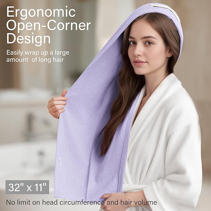 ROLSHOL 2 Pack Microfiber Hair Towel Wrap for Women, 32" x 11" Waffle Weave Hair Plopping Towel for Curly, Long & Thick Hair, Anti-Frizz Hair Turbans for Wet Hair (Deep Purple,Light Purple)