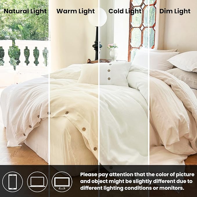 Simple&Opulence 100% Linen Duvet Cover Set 3pcs with Coconut Button Closure Natural French Washed Flax Solid Color Soft Breathable Farmhouse Bedding - White, California King
