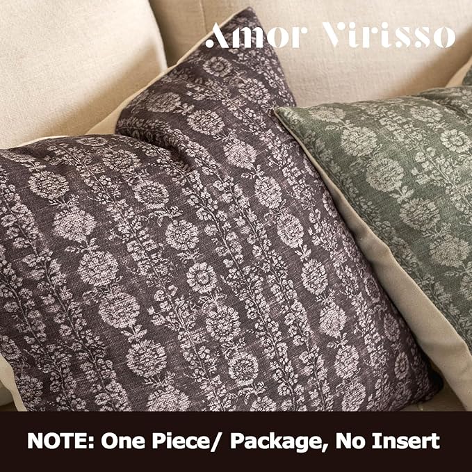 Amor Virisso Vintage Floral Throw Pillow Covers 18x18 Striped Farmhouse Block Print Pillow Cover Boho Neutral Decorative Pillows for Living Room Bed, Dark Brown