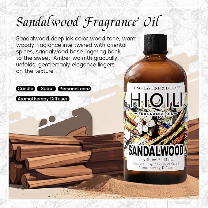 HIQILI Sandalwood Fragrance Oil, DIY Skin Care & Body Product - 5.07 Fl Oz | Long Lasting Luxury Hotel Scent for Home Diffuser, Perfect for Candle & Soap Making, Pet Safe, Graduated Dropper Included