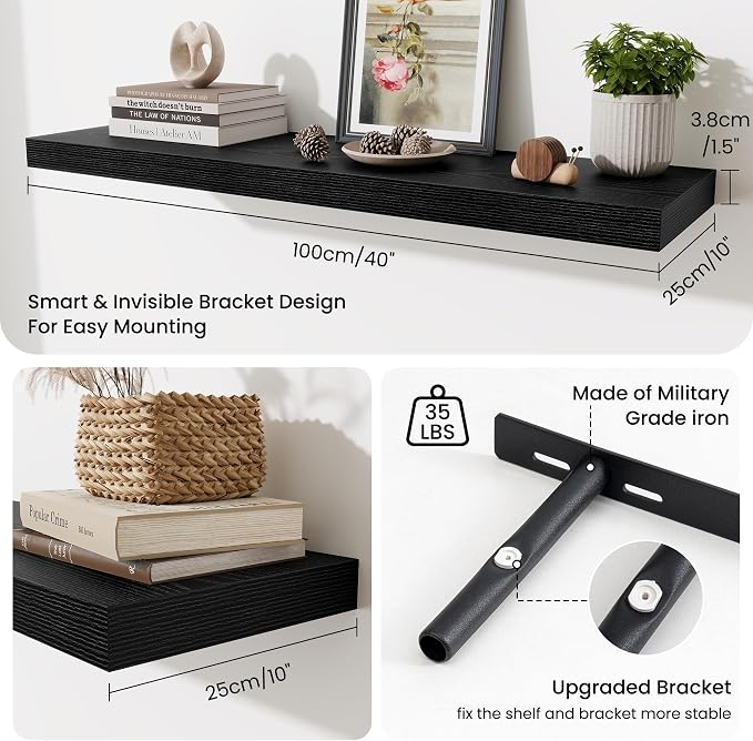 Fun Memories Floating Shelves Set of 2, 40 Inch Long Wooden Wall Shelves, 10 Inch Deep Wall Mounted Storage Shelf with Metal Brackets for Living Room, Bathroom, Bedroom and Kitchen, Black