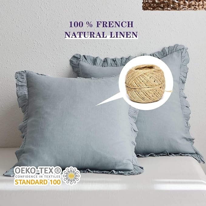 Simple&Opulence 100% Linen Euro Sham Covers with Ruffle, 26x26 Inch Pillow Covers Set of 2, Euro Pillow Shams for Bed Couch French Home Decor Luxury and Breathable Square Pillow Cases, Dusty Blue