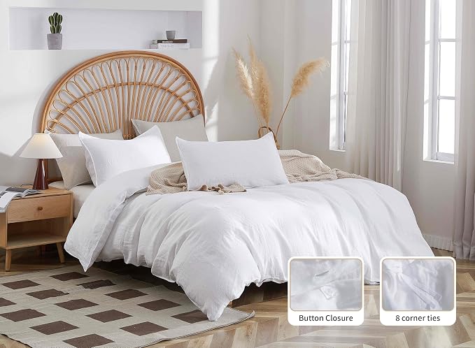 100% French Flax Linen Duvet Cover Set, Queen Size 90''x90'' 3 Pcs with 8 Corner Ties and Button Closure, Soft and Breathable for All Season(White, Queen)
