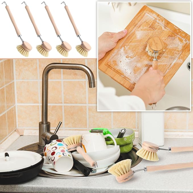 Maxdot 4 Pcs Kitchen Dish Brush with Beechwood Handle Natural Wooden Handle Scrub Brush Fiber Bristles Dish Scrub 2 Inch Replacement Brush Head for Pots Pans Utensils Washing Supplies