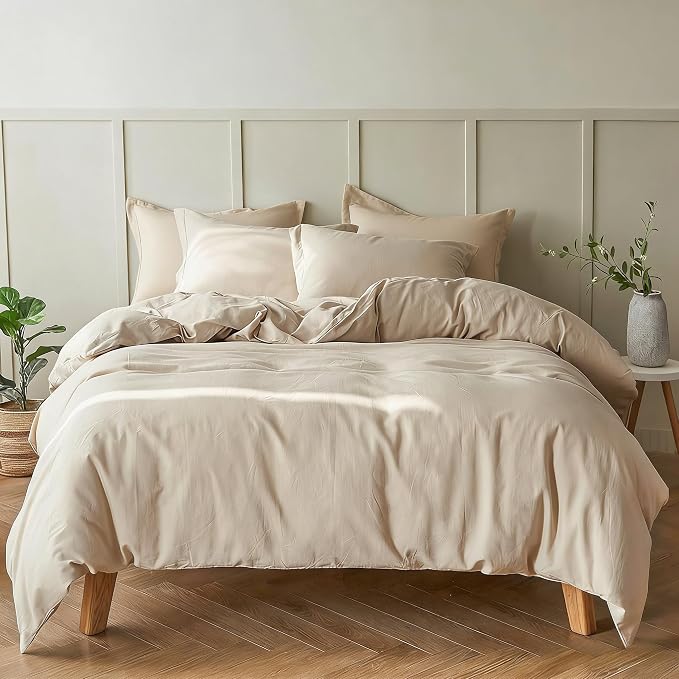 Simple&Opulence French Linen Duvet Cover Set 104"x 92"- 5 Pieces (1 Comforter Cover,4 Pillowcases)-Natural Flax Cotton Blend-Solid Color Breathable Farmhouse Bedding-Linen/Beige, King