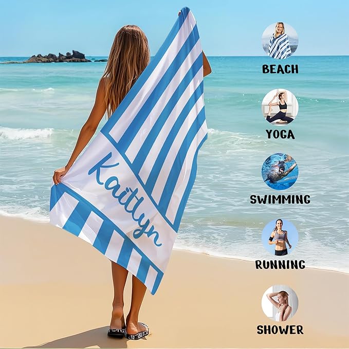 JML Personalized Beach Towel with Name, Custom Cabana Stripe Beach Towel, Customized Microfiber Pool Towel, Quick Dry & Absorbent Swim Towel for Adult,Mother's Day, Birthday, Summer Holiday,Vacation