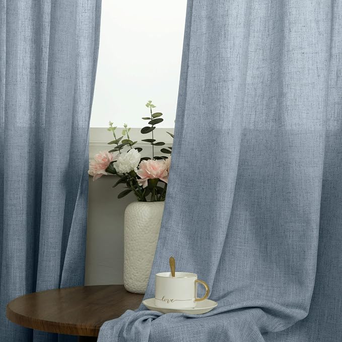 Grey Blue Curtains 84 Inch Length for Living Room 2 Drapery Panels Set Rings Top Semi Blackout Thick Linen Light Thermal Reducing Dusty Blue Sheer Curtains for Bedroom Vintage Country Decor 52x84 Long