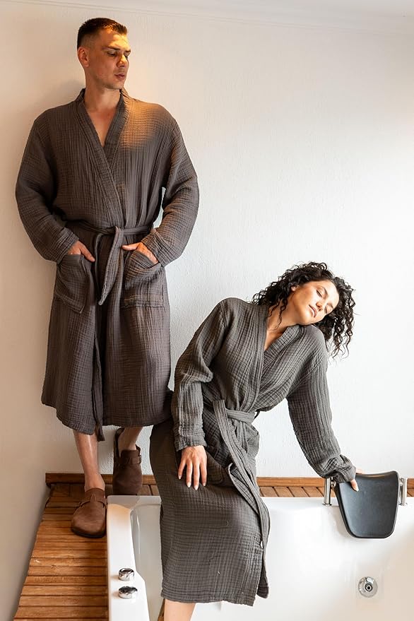 Muslin Unisex Bathrobe Women & Men, 100% Cotton Kimono Lightweight Robe | Long Robes Soft, Absorbent, Spa robes