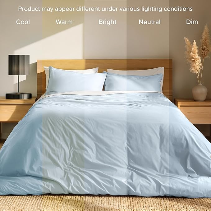 Bare Home 100% Organic Cotton Queen Duvet Cover Set - Crisp Percale Weave - Lightweight & Breathable - Cooling Duvet Cover Set (Queen, Winter Blue)