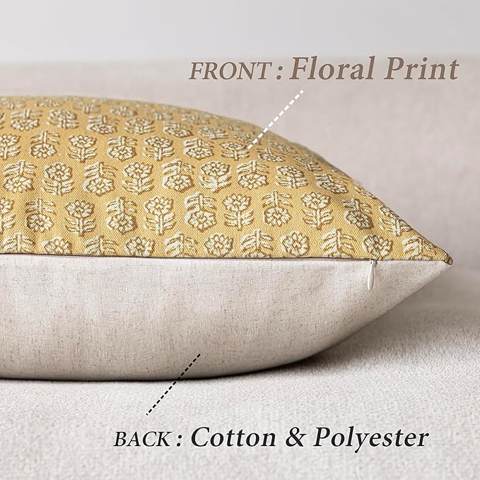Foindtower Set of 2 Decorative Vintage Floral Print Throw Pillow Covers Neutral Modern Farmhouse Cushion Covers Boho Home Decor For Sofa Couch Chair Bedroom Living Room Outdoor,22×22 Inch,Light Yellow