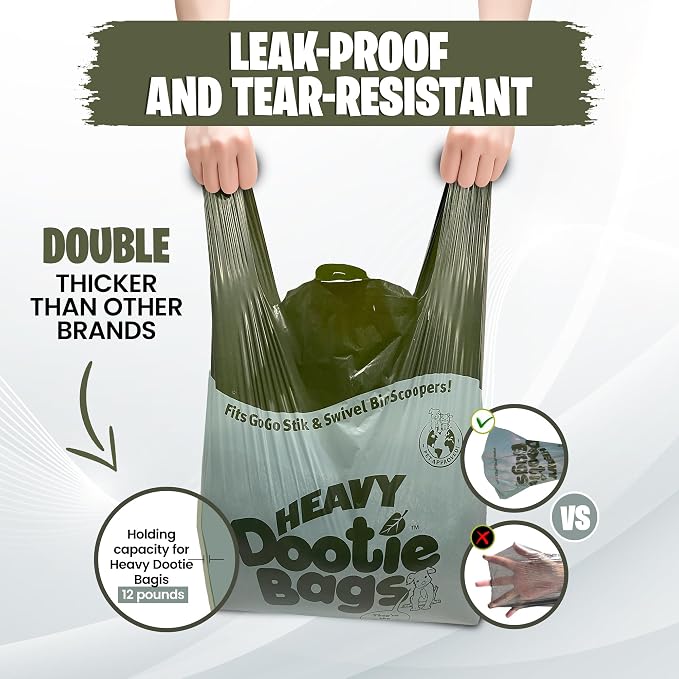 HEAVY Dootie Bags with EZ Tie Handles. Clean and Convenient for Pet Dog Poop, Cat Litter. Multi-Use. Great for Swivel Bin and Gogo Stik Scoopers. Made with Cornstarch. Strong, Leakproof and Very Large