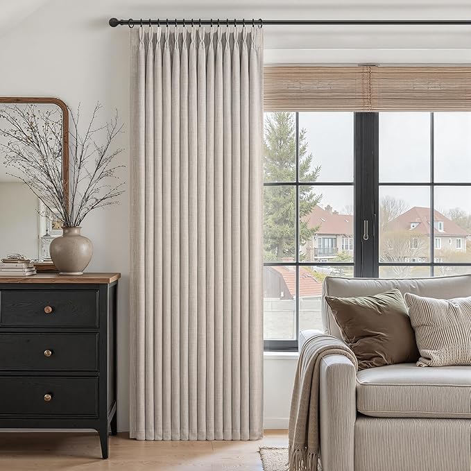 Greyish Beige Blackout Patio Sliding Door Curtains 92 Inches Long 2 Panels, Memory Shape Pinch Pleat 2 Layer Linen Thermal Energy Efficient Country Curtain with Ceiling Track Dorm Room Windows Drapes