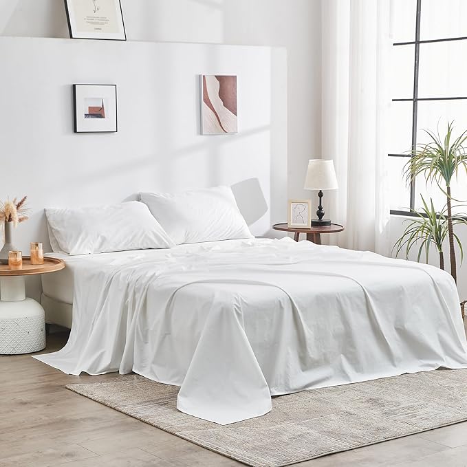 DOZ 100% GOTS Certified Organic Cotton Sheet Set, Crisp Percale Weave, Long Staple, Breathable, Matte Finish, Hotel Style, Durable, 3pc – 2 Pillowcases 1 Fitted (Snow, Queen)