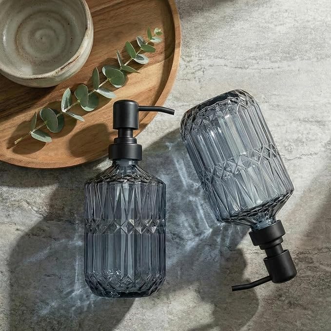 2-Pack Blue Glass Soap Dispenser with Black Rust Proof Pump, Elegant Bathroom Soap Dispenser, Vintage Kitchen Countertop Soap Dispenser for Hand Soap, Dish Soap, Lotion, Body Wash (14 OZ)