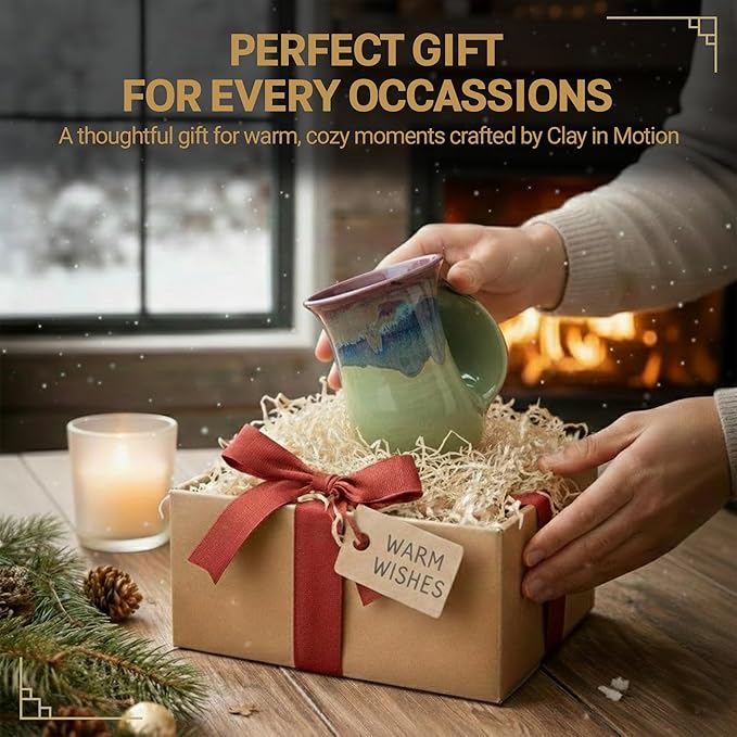 Clay in Motion Hand Warmer Coffee Mug – Handmade Coffee Mug With Comfortable Handle Contoured Pocket Hand Warming Ceramic Coffee Mug – Proudly Made in USA – Right Handed – 14 Oz - Mossy Creek