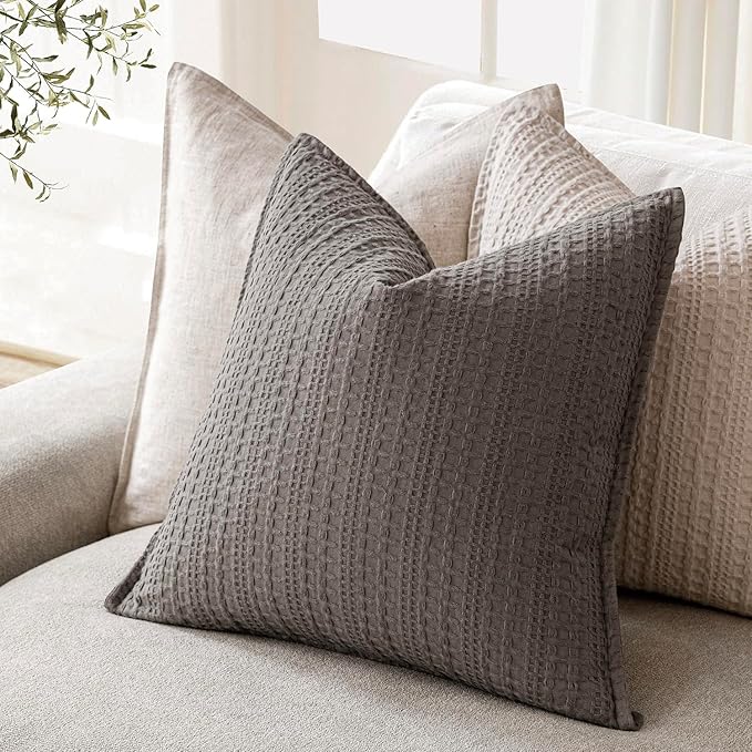 Foindtower Set of 2 Decorative Cotton Waffle Weave Throw Pillow Covers Euro Shams Cushion Covers Accent European Pillowcase for Bed Couch Sofa Bedroom Living Room Home Decor 26×26 Inch Taupe Gray