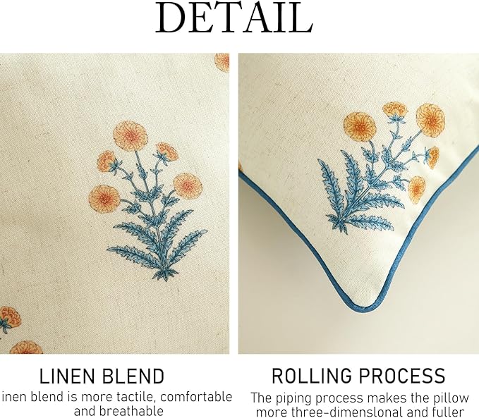 ISAENNE Design Square Simple Elegant Linen Throw Pillow Covers 18"x18" Pack of 2, Blue Yellow Floral Pattern Cushion Covers Decor Pillowcases for Bed,Living Room,Outdoor,Car