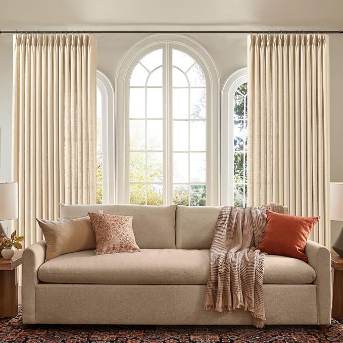IVAPUPU 96 Inch Linen Curtains 2 Panel Set for Living Room, Pinch Pleated Sheer Curtain Rustic Textured Light Filtering Back Tab Drapes with Hooks Rings for Bedroom Dining Room, Sand Beige, W40xL96