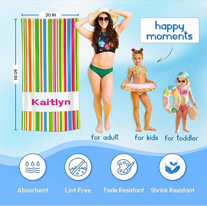 JML Custom Beach Towel with Name, Personalized Microfiber Beach Towel with Name, Large, Soft, Quick Dry & Absorbent for Swim, Pool,Adult,Summer Holiday,Vacation,Travel,Gift for Anniversary, Birthday
