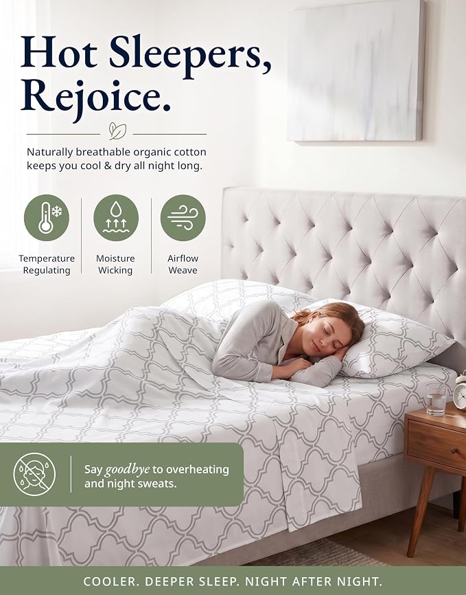 LANE LINEN Twin XL Fitted Sheet, 100% Organic Cotton 2-Piece Set (1 Fitted Sheet,1 Pillowcase),Percale Weave,Bottom Sheet, Soft, Breathable,Fits Mattress Upto 15" Deep - Trellis Silver(No Flat Sheet)